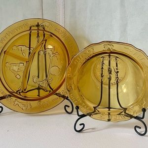 Vintage Set of Two MOTHER GOOSE Amber Glass Dishes "TIARA By R.S," nursery